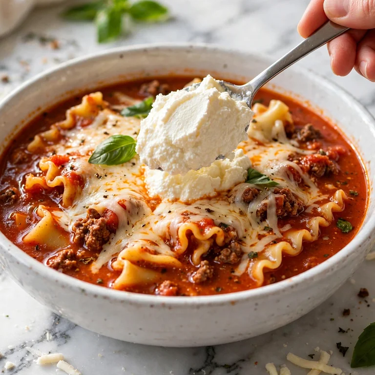 Hands adding ricotta cheese topping to a steaming bowl of lasagna soup on white marble