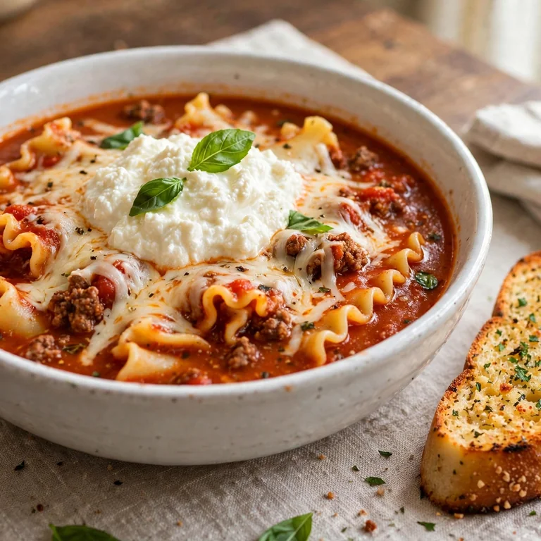 Lasagna soup in white bowl beside garlic bread on linen placemat with ricotta and basil topping