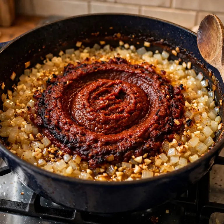 Tomato paste caramelizing in Dutch oven with onions and garlic for lasagna soup base