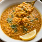 Spoon lifting creamy lentil soup from a white bowl