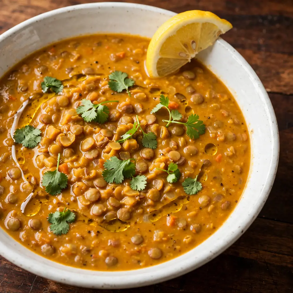 Bowl of lentil soup with cilantro garnish and olive oil drizzle