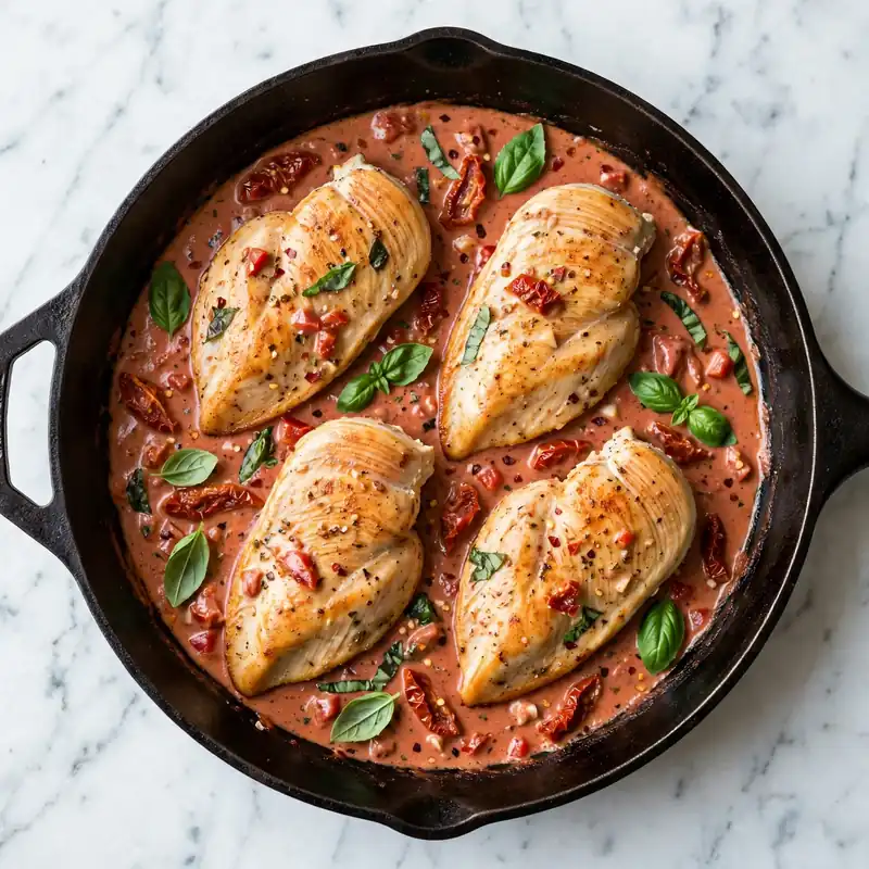 Marry me chicken recipe in cast iron skillet ready to serve
