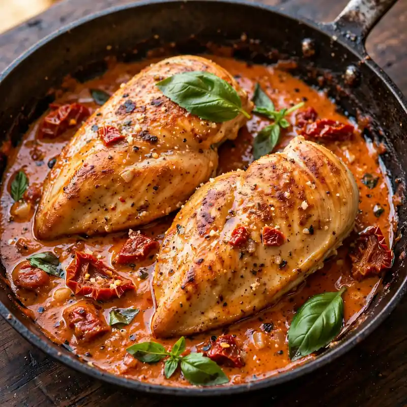 Close-up of marry me chicken with creamy sauce in a skillet