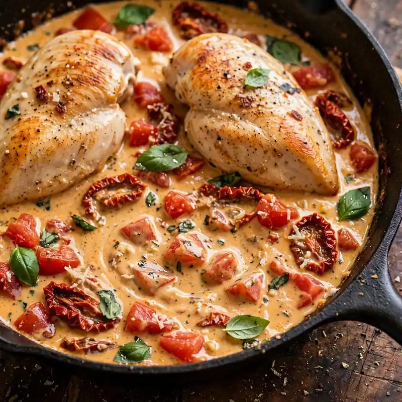 Marry me chicken in a cast iron skillet with creamy sun-dried tomato sauce