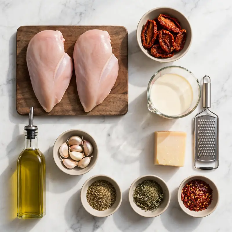 Marry me chicken ingredients laid out on white marble surface