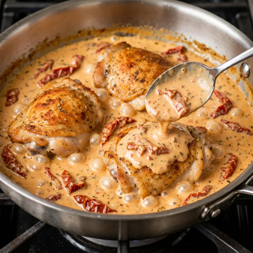 Chicken thighs finishing in creamy sun-dried tomato sauce in a stainless steel skillet being basted with sauce
