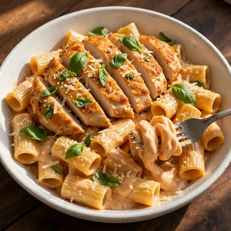 Marry me chicken pasta in white bowl with fanned sliced chicken, rigatoni, creamy sun-dried tomato sauce, basil and parmesan, fork twirling pasta