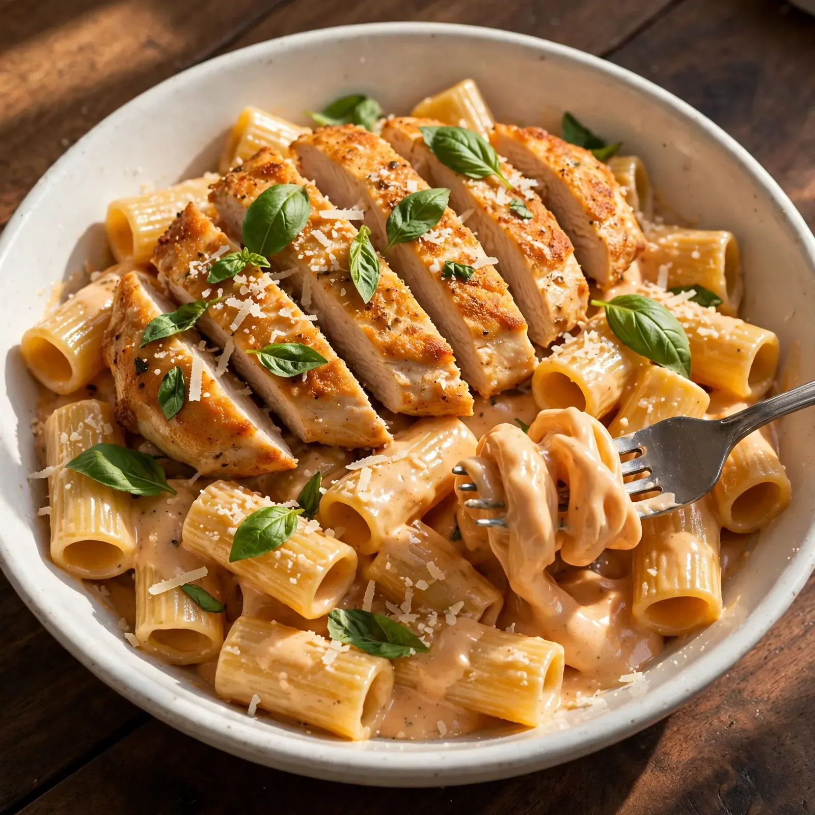 Marry me chicken pasta in white bowl with fanned sliced chicken, rigatoni, creamy sun-dried tomato sauce, basil and parmesan, fork twirling pasta