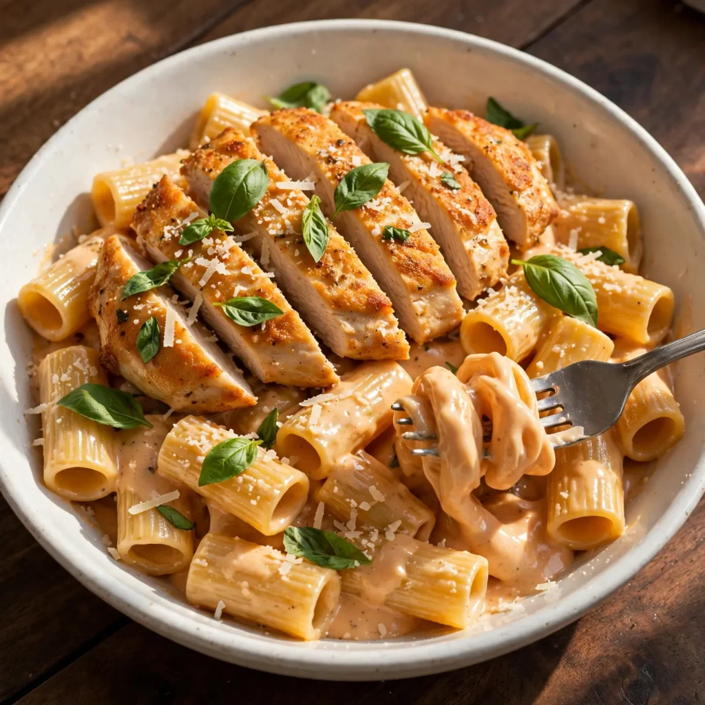 Final beauty shot of marry me chicken pasta in white bowl with sliced chicken, rigatoni, glossy cream sauce, and fresh basil on dark wood