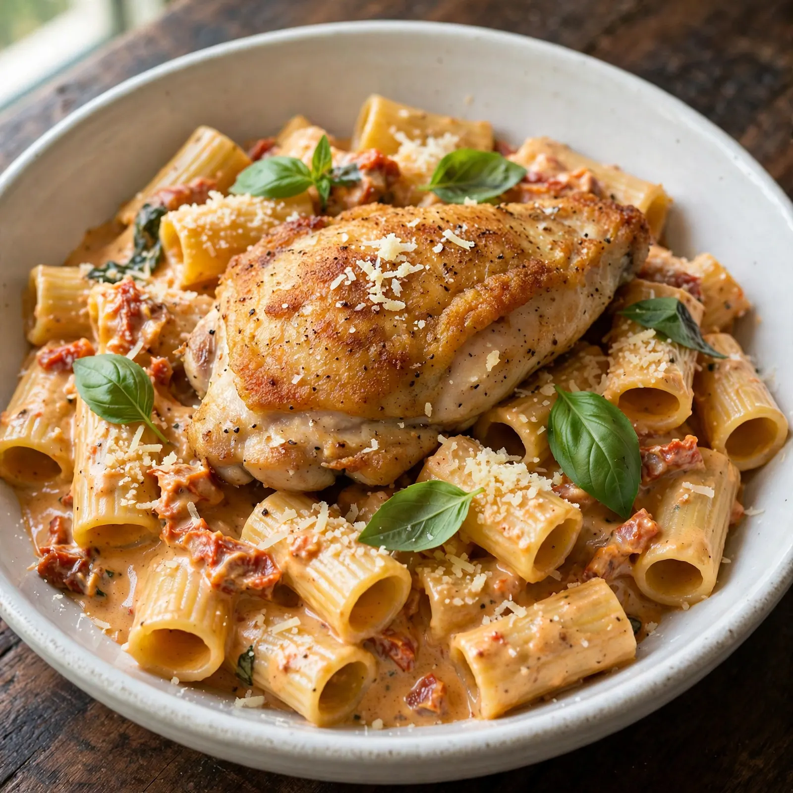 Marry me chicken pasta in white bowl with creamy sun-dried tomato sauce, seared chicken, basil, and parmesan on dark wood