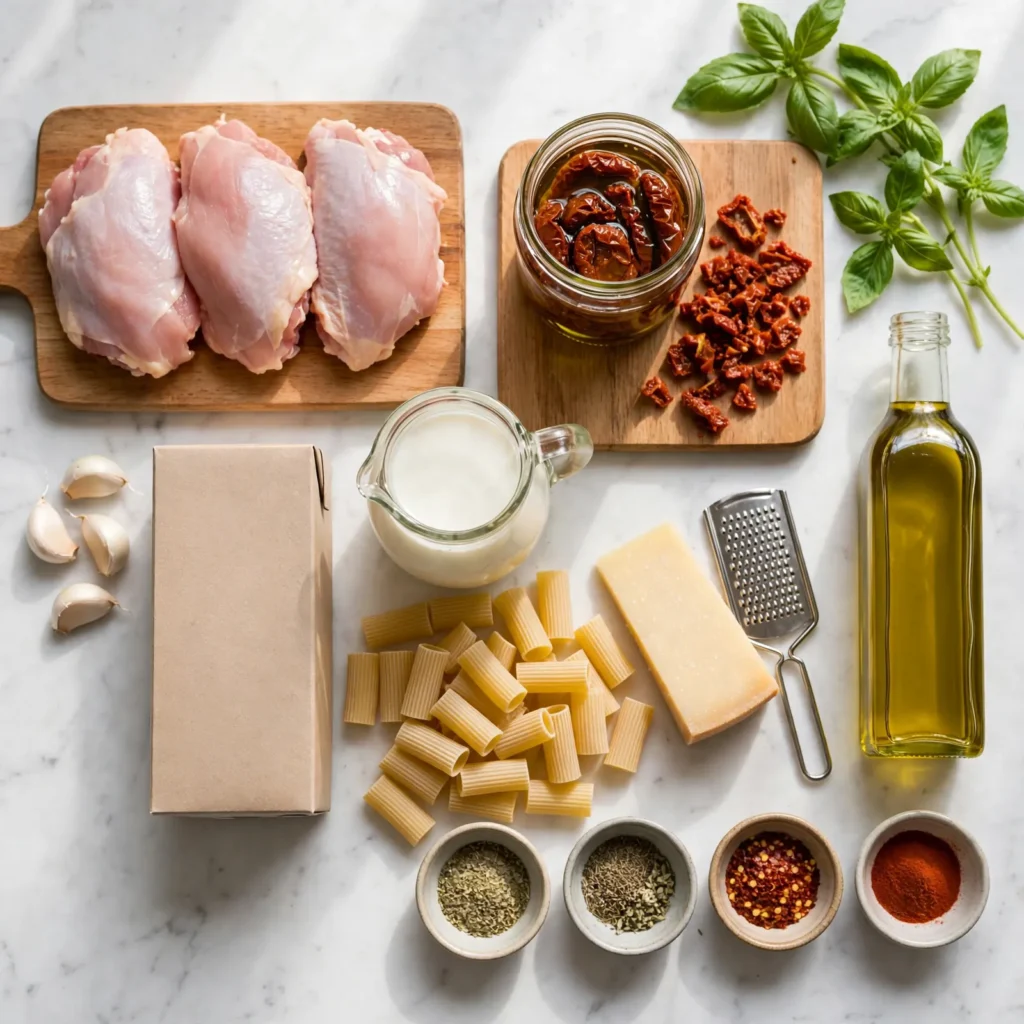 Marry me chicken pasta ingredients flat lay on white marble including chicken, sun-dried tomatoes, cream, parmesan, and pasta