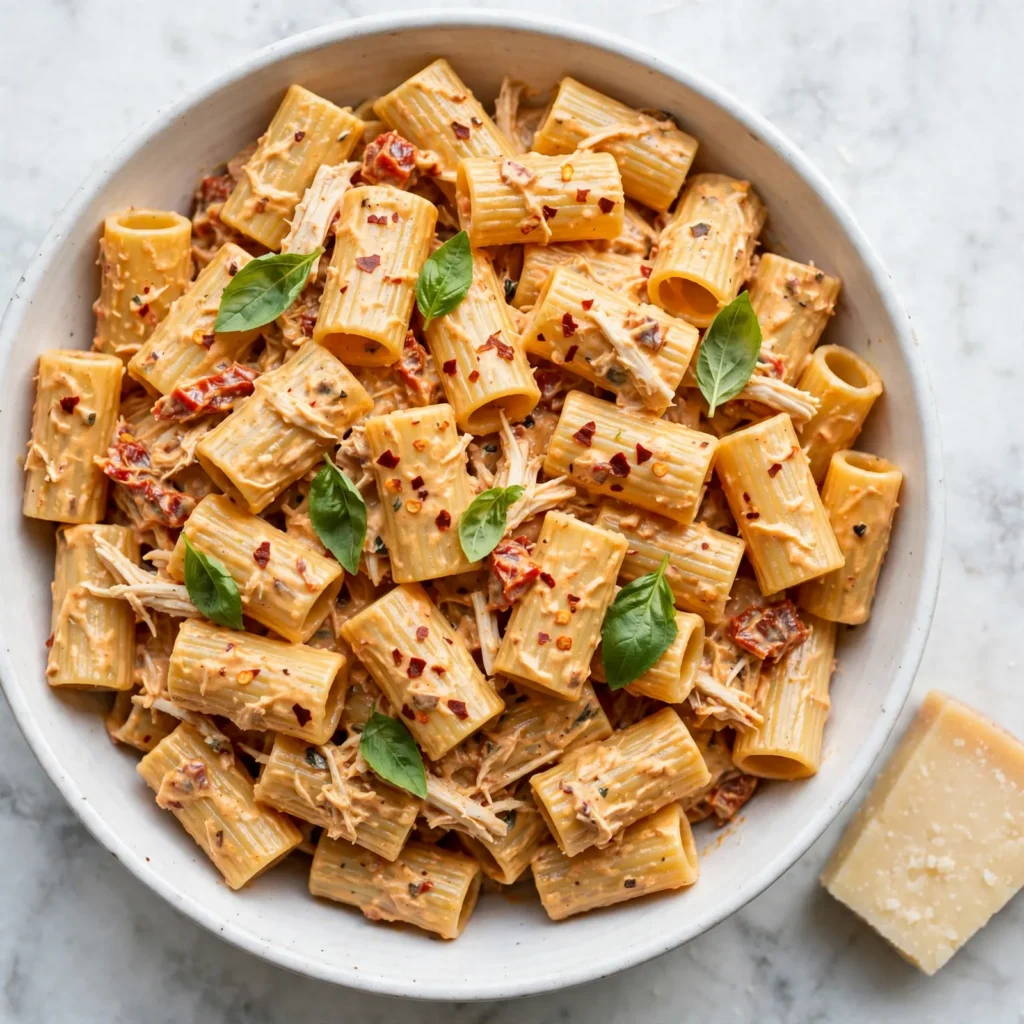 Overhead view of marry me chicken pasta in white bowl with creamy sauce, basil, chili flakes, and parmesan on white marble