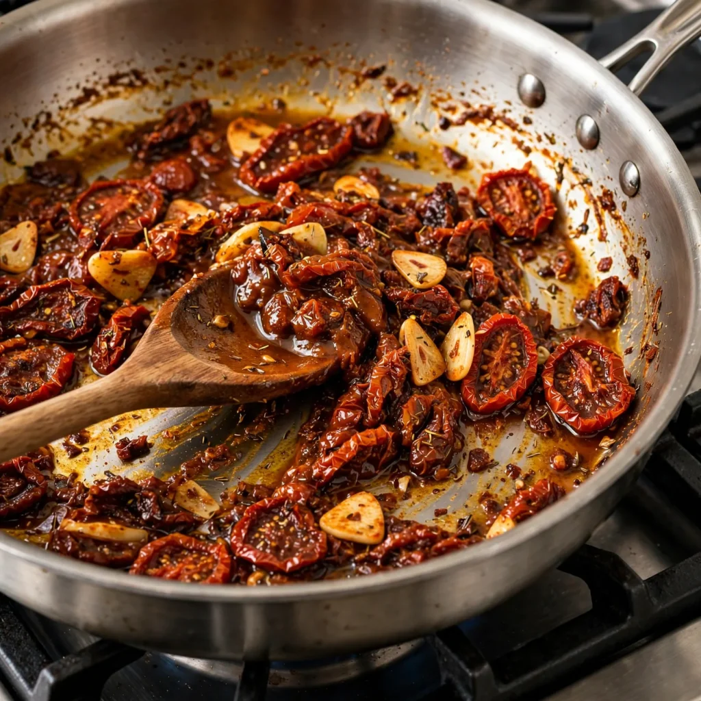Garlic, sun-dried tomatoes, and tomato paste being stirred in a stainless steel skillet with fond visible on pan base