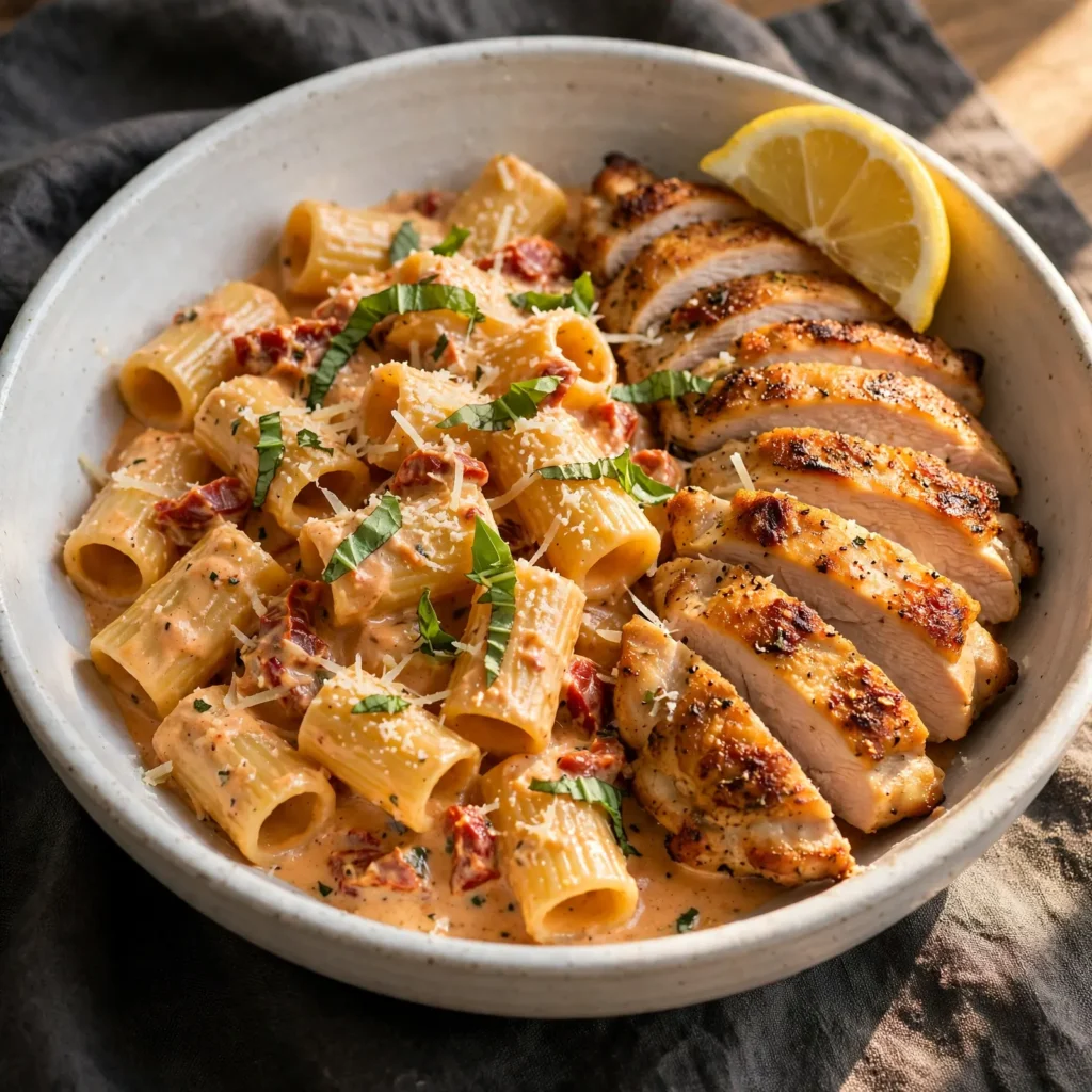 Marry me chicken pasta in white bowl with sliced chicken, rigatoni, creamy sauce, basil, and parmesan on dark linen placemat