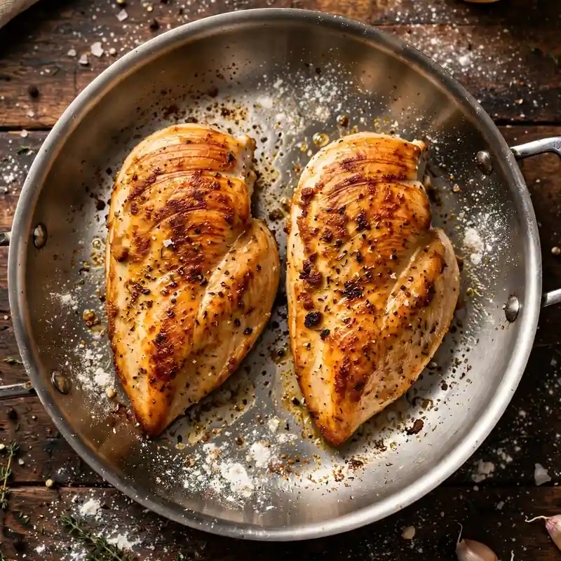 Chicken breasts searing in a skillet until golden brown