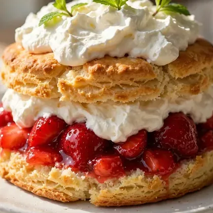 Classic strawberry shortcake with fresh berries and whipped cream on white plate