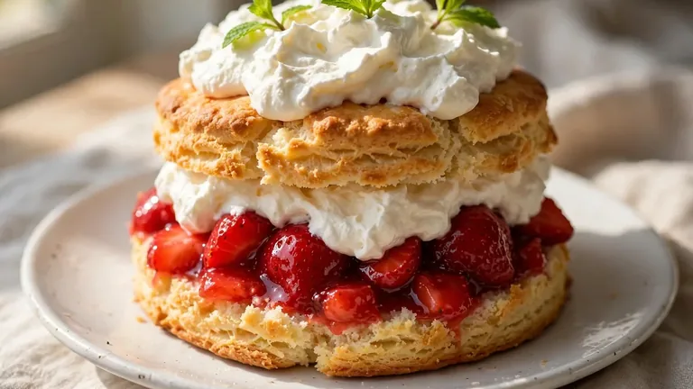 Classic strawberry shortcake with fresh berries and whipped cream on white plate