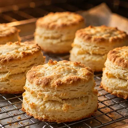 Freshly baked golden shortcake biscuits on parchment-lined baking sheet
