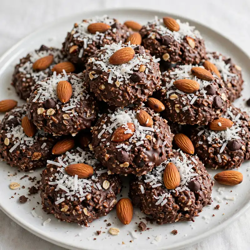 Almond Joy no-bake cookies with coconut and almonds