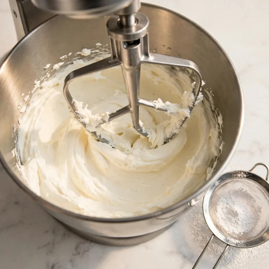 Cream cheese being beaten smooth in stand mixer bowl with powdered sugar sieve to the side