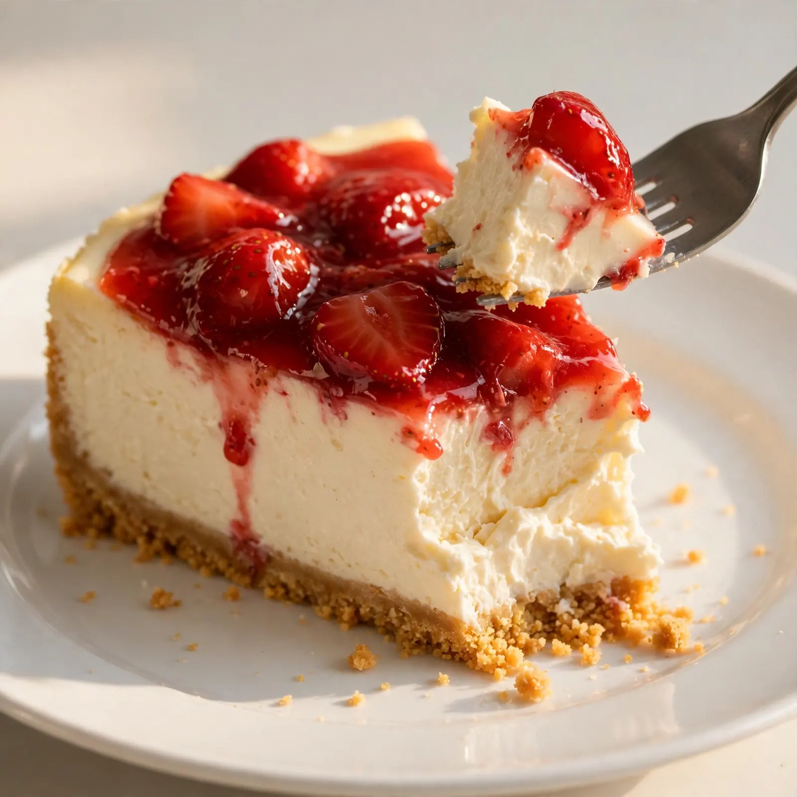Fork cutting a bite from no bake cheesecake slice on white plate