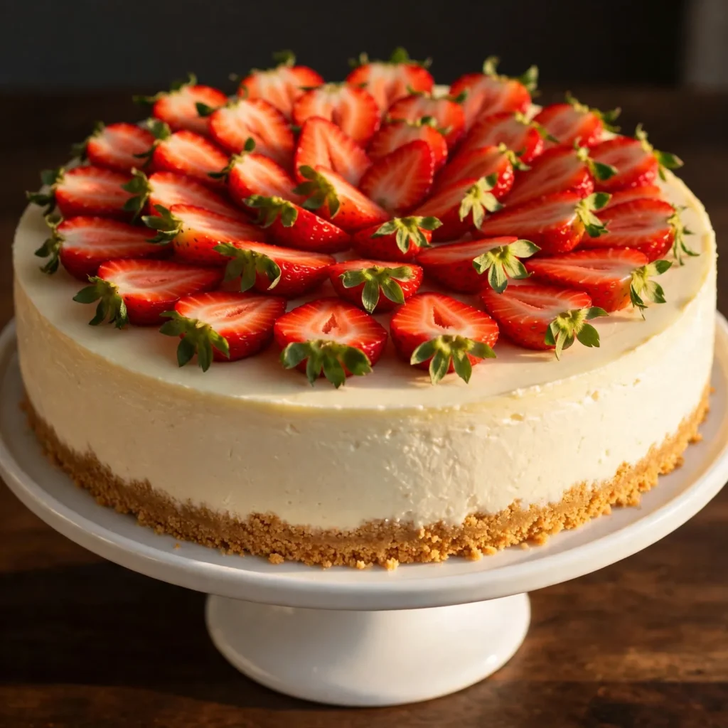 Whole no bake cheesecake on white cake stand with smooth ivory filling graham cracker crust and fresh strawberry topping