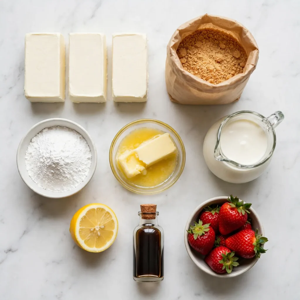 No bake cheesecake ingredients flatlay on white marble including cream cheese blocks, graham crackers, heavy cream, powdered sugar, and fresh strawberries