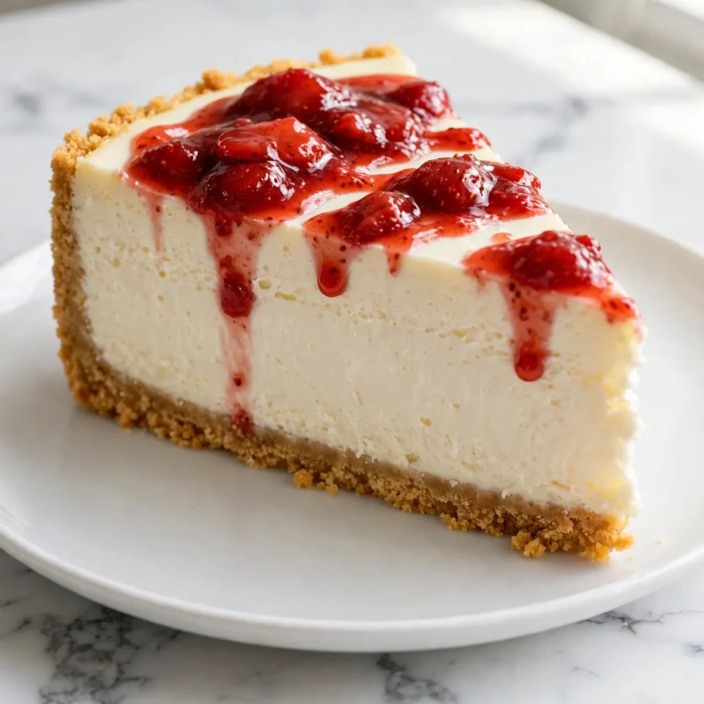 Single slice of no bake cheesecake on white plate showing dense ivory filling graham cracker crust and strawberry compote topping