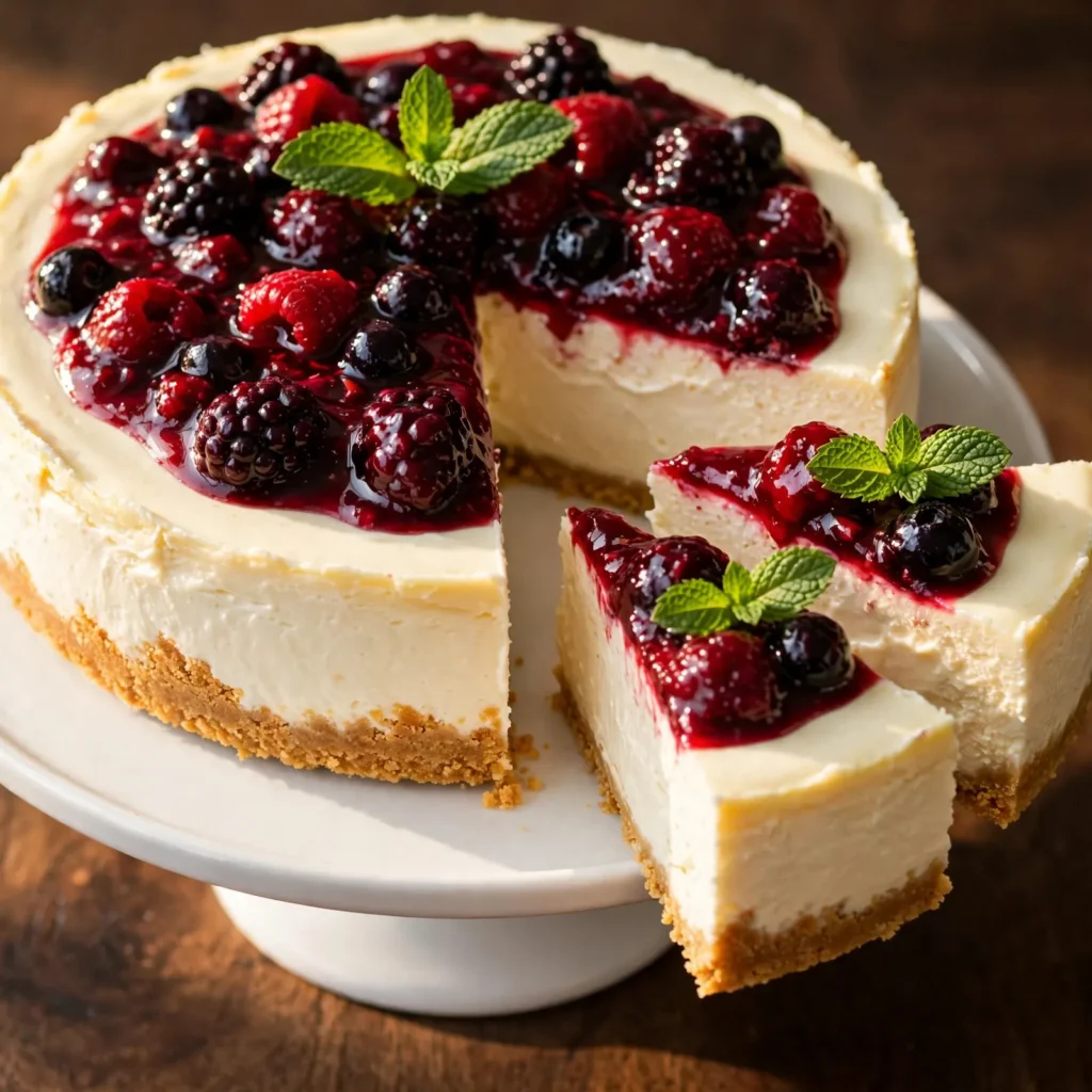 Sliced no bake cheesecake on white stand with two pieces pulled out showing dense filling graham crust and mixed berry compote topping