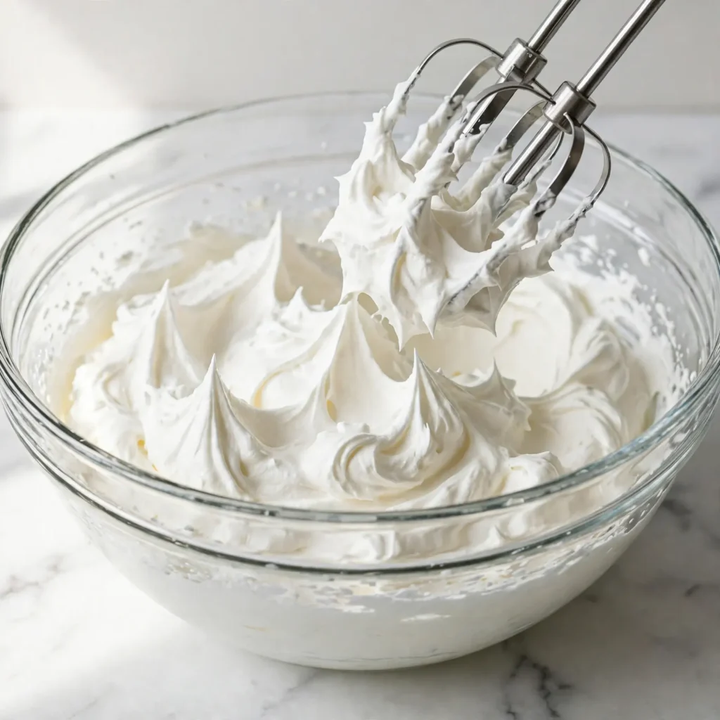 Heavy whipping cream beaten to stiff white peaks in glass bowl with beater showing firm peak standing straight up