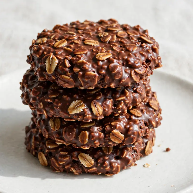 Classic chocolate oatmeal no-bake cookies stacked