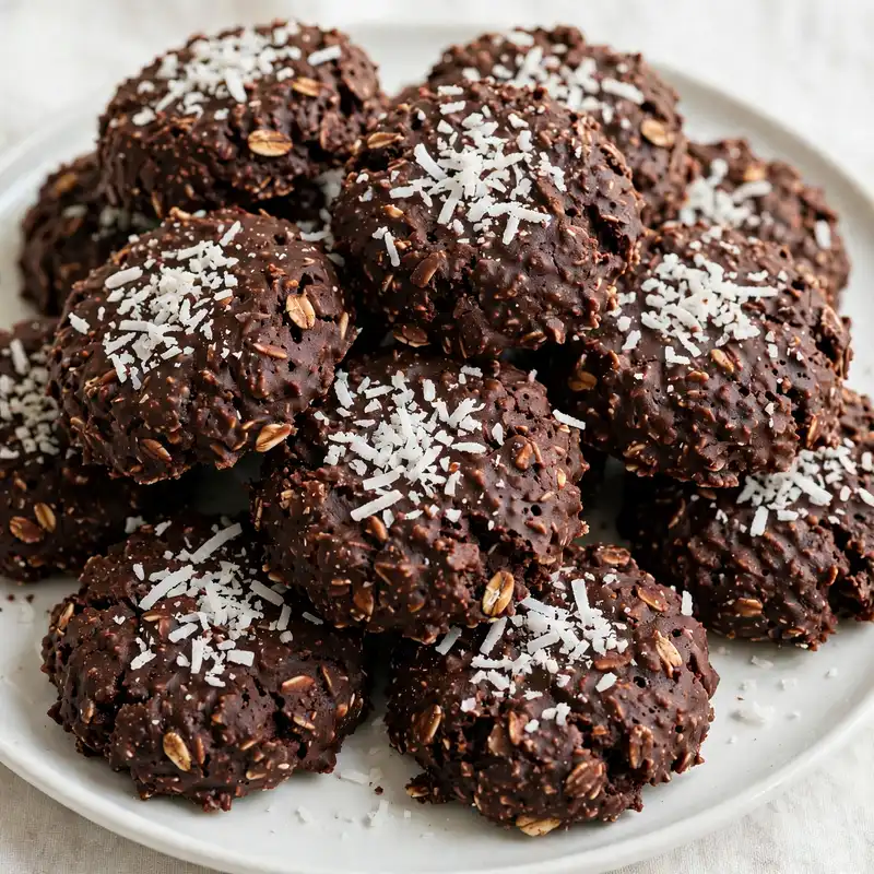 Coconut chocolate no-bake cookies with shredded coconut