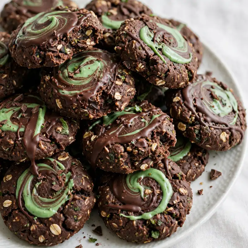 Mint chocolate no-bake cookies with green swirls