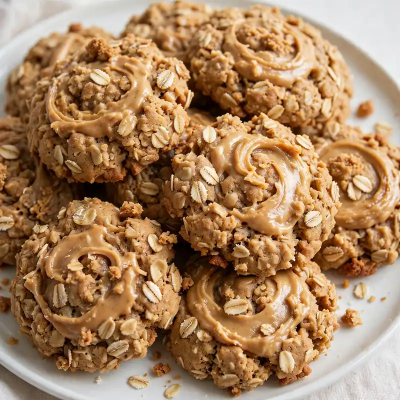 Peanut butter oat no-bake cookies with creamy swirls