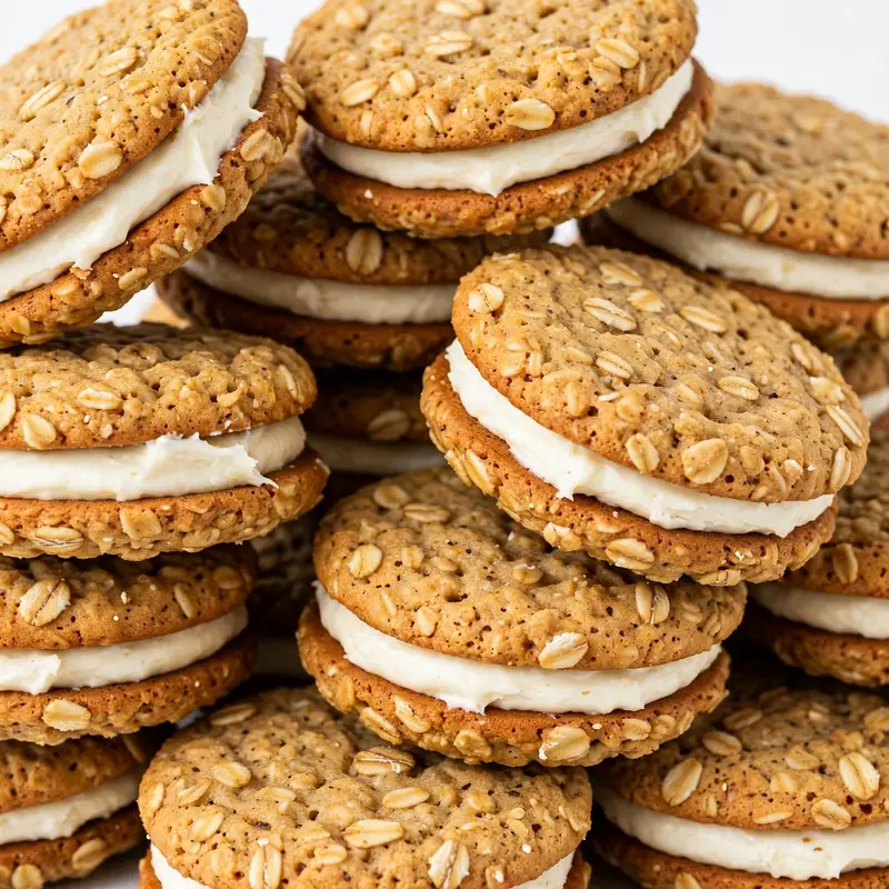 Oatmeal sandwich cookies with thick white cream filling, stacked in a pile