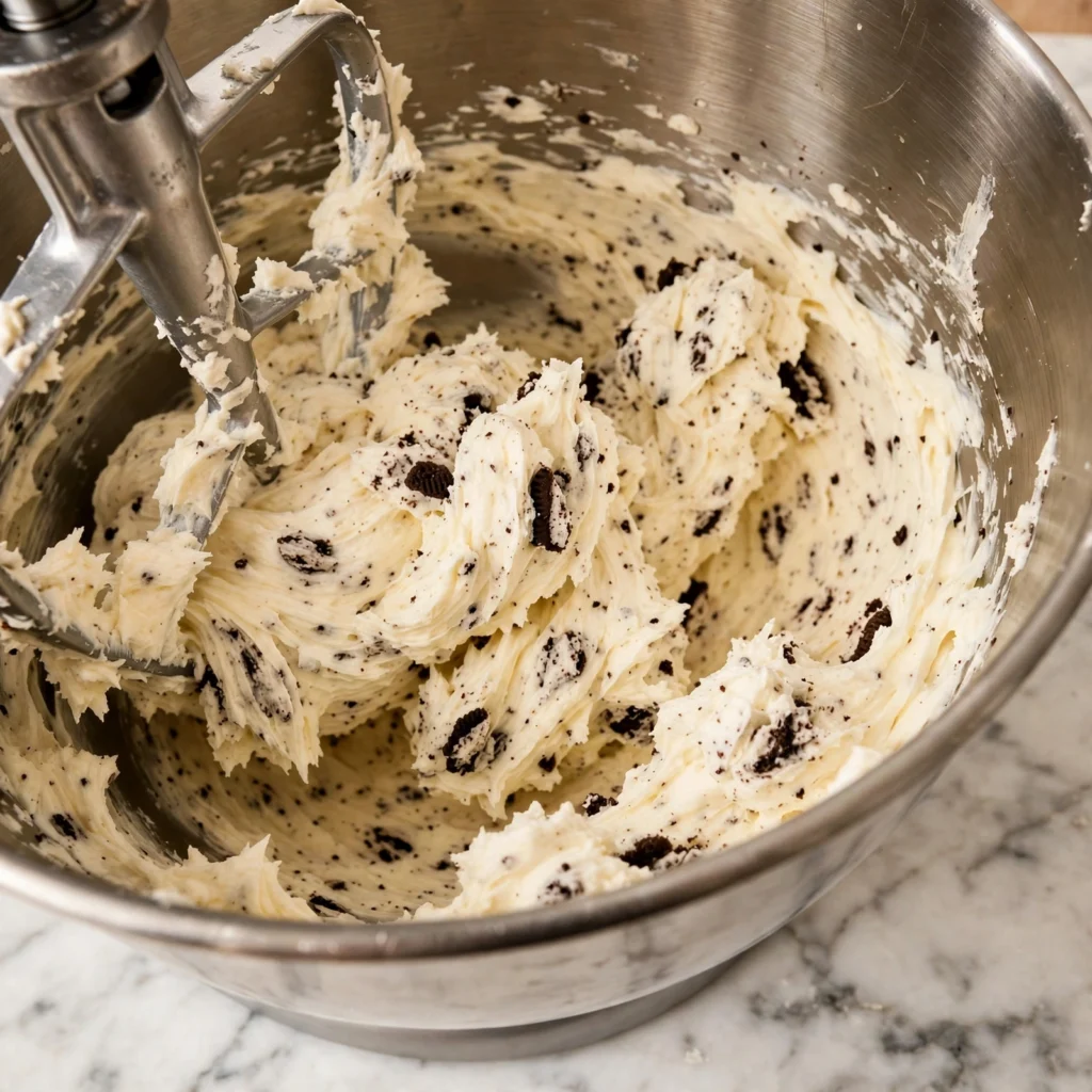 Oreo buttercream in stand mixer bowl showing fluffy white frosting with dark cookie crumbs folded through