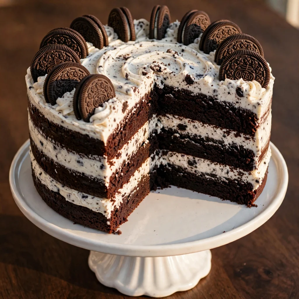 Three-layer Oreo cake on white cake stand with cookies and cream frosting and whole Oreo cookies on top