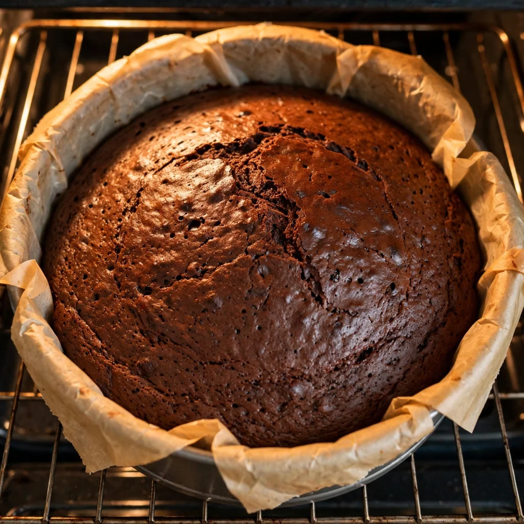 Single chocolate cake layer baking in parchment-lined round pan in oven