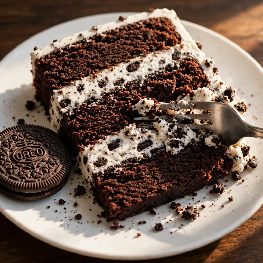 Oreo cake slice on white plate with fork cutting through showing fudgy chocolate layers and white cookie crumb frosting