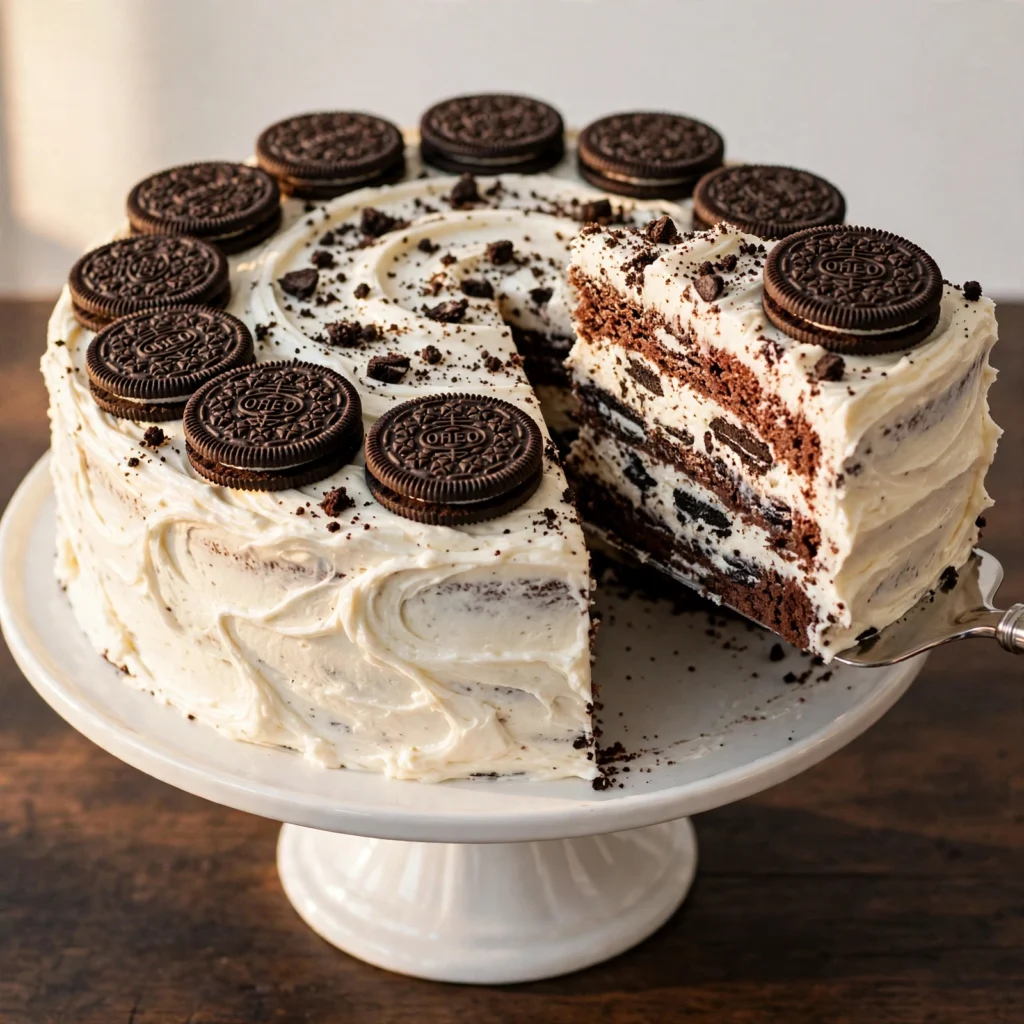 Whole Oreo cake on white cake stand with cookies and cream frosting and Oreo cookies around the top border slice being lifted