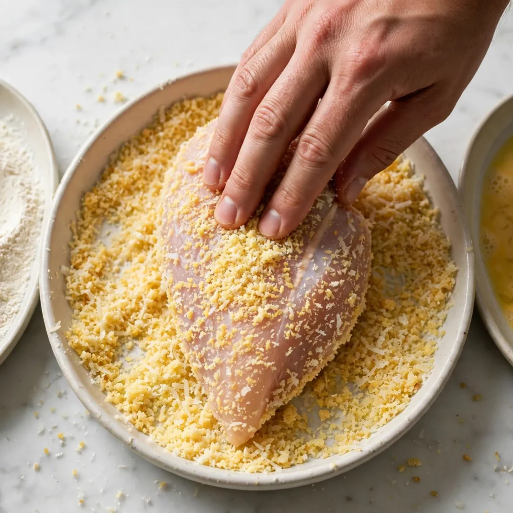Raw chicken breast being pressed into parmesan panko coating in shallow dredging dish with two other dredging dishes beside on white marble