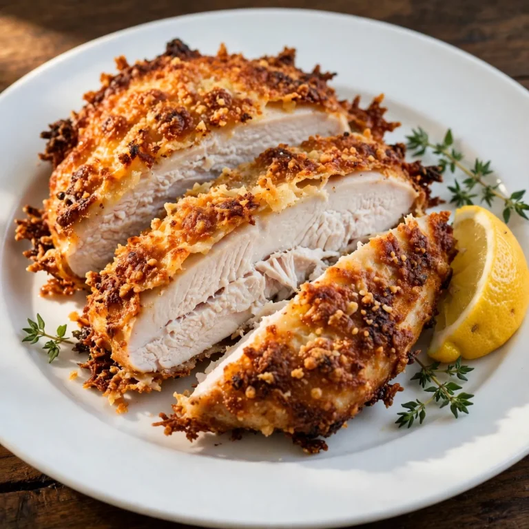 Parmesan crusted chicken sliced with golden crust, lemon and thyme on dark wood