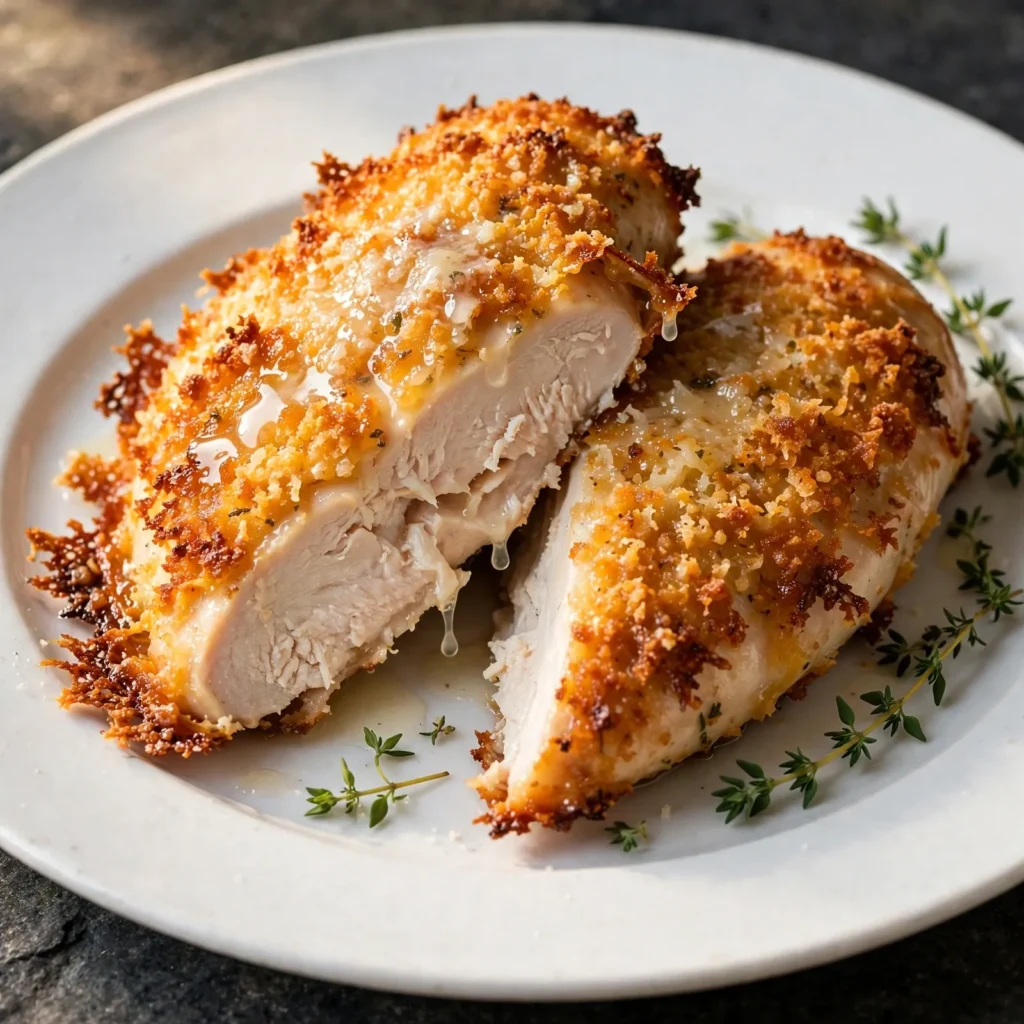 Final beauty shot of parmesan crusted chicken sliced diagonally showing juicy interior and golden crust with lemon and thyme on dark stone