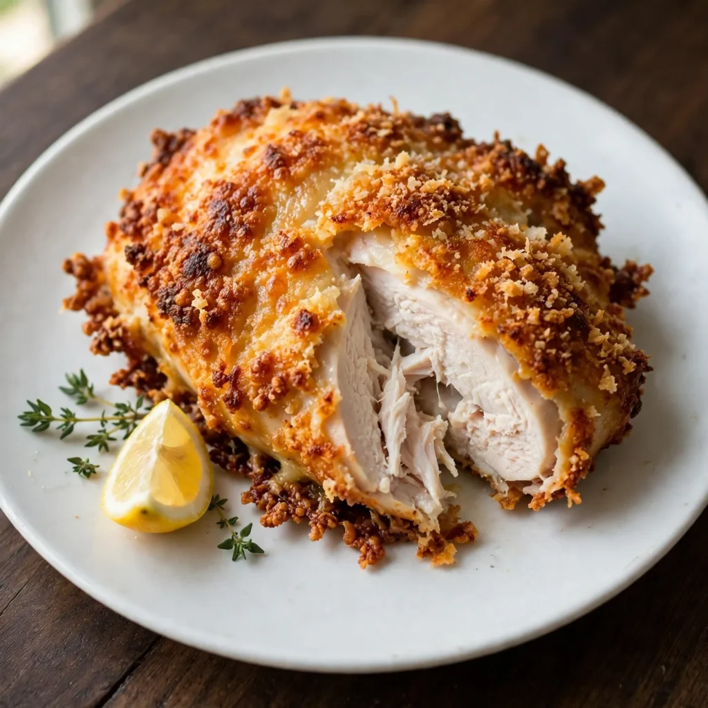 Parmesan crusted chicken on white plate with crispy golden crust and lemon wedge on dark wood