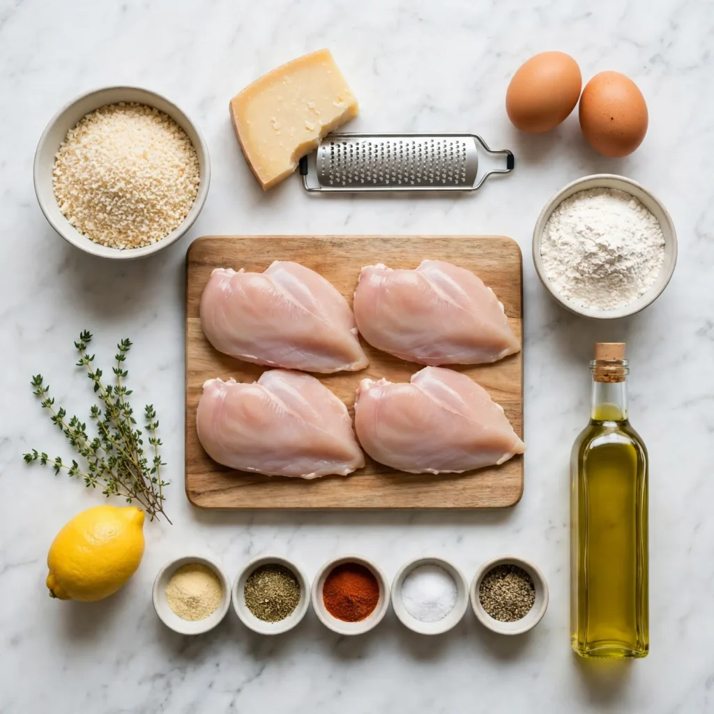 Parmesan crusted chicken ingredients flat lay on white marble including chicken breasts, parmesan, panko, eggs, and spices