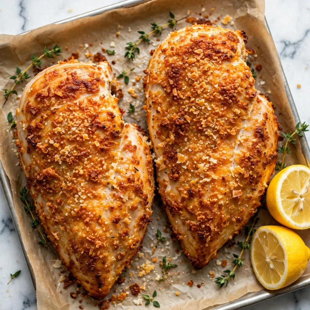 Overhead view of two parmesan crusted chicken breasts on parchment baking sheet with golden crusts on white marble