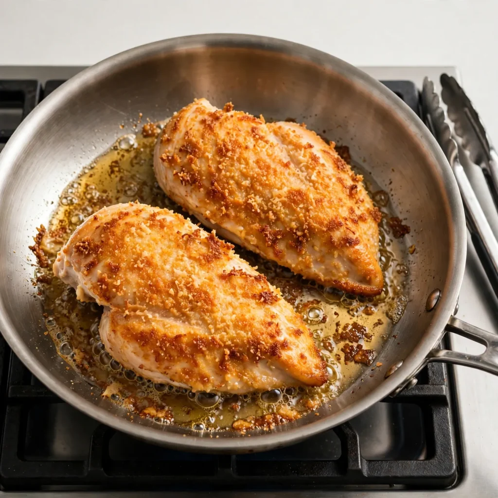 Parmesan crusted chicken breasts searing in stainless steel skillet showing golden crust forming with tongs beside
