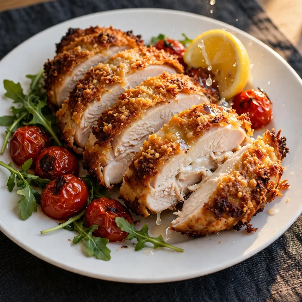 Parmesan crusted chicken sliced on white plate with arugula, cherry tomatoes, and lemon wedge on dark linen placemat