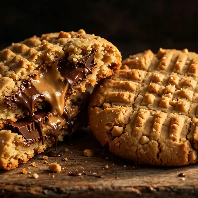Giant Reese's stuffed peanut butter cookies on a rustic wooden board, one cookie broken in half revealing whole Reese's Peanut Butter Cup inside surrounded by soft cookie dough, golden peanut butter exterior with chocolate visible at the seam, dramatic warm side lighting, Reese's wrappers scattered around, 45-degree close-up angle, dark moody background.