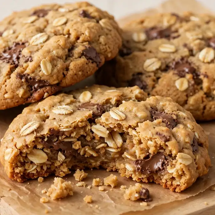 Thick golden peanut butter oatmeal cookies on brown parchment paper, visible rolled oat texture throughout, chocolate chips scattered in the dough, slightly domed centers with rustic edges, warm amber tones, one cookie broken showing chewy oat-studded interior, soft warm kitchen light, 45-degree angle, light wooden board surface, scattered oats and peanuts around.